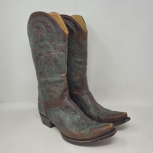 Old Gringo Boots Womens 9.5B Brown Green Leather Western Cowboy Snip Toe Rodeo - Picture 1 of 14